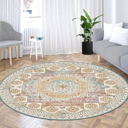 OIGAE Washable Rug Round 5'Ft, Vintage Medallion Hallway Circle Rug with Non-Slip Backing, Dining Table Throw Mat Floor Carpet for Kitchen Entryway Laundry Bedroom Home Decor, Cream/Multi in Kuwait
