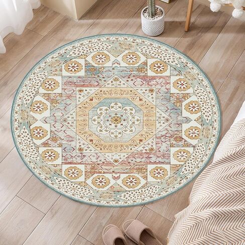 OIGAE Washable Rug Round 5'Ft, Vintage Medallion Hallway Circle Rug with Non-Slip Backing, Dining Table Throw Mat Floor Carpet for Kitchen Entryway Laundry Bedroom Home Decor, Cream/Multi in Kuwait