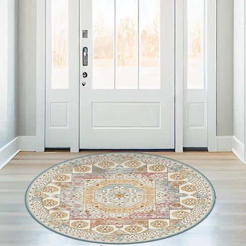 OIGAE Washable Rug Round 5'Ft, Vintage Medallion Hallway Circle Rug with Non-Slip Backing, Dining Table Throw Mat Floor Carpet for Kitchen Entryway Laundry Bedroom Home Decor, Cream/Multi in Kuwait