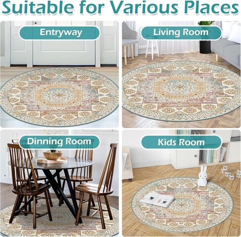 OIGAE Washable Rug Round 5'Ft, Vintage Medallion Hallway Circle Rug with Non-Slip Backing, Dining Table Throw Mat Floor Carpet for Kitchen Entryway Laundry Bedroom Home Decor, Cream/Multi in Kuwait