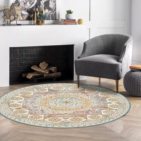 OIGAE Washable Rug Round 5'Ft, Vintage Medallion Hallway Circle Rug with Non-Slip Backing, Dining Table Throw Mat Floor Carpet for Kitchen Entryway Laundry Bedroom Home Decor, Cream/Multi in Kuwait