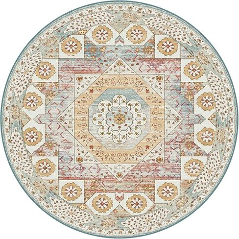 OIGAE Washable Rug Round 5'Ft, Vintage Medallion Hallway Circle Rug with Non-Slip Backing, Dining Table Throw Mat Floor Carpet for Kitchen Entryway Laundry Bedroom Home Decor, Cream/Multi in Kuwait