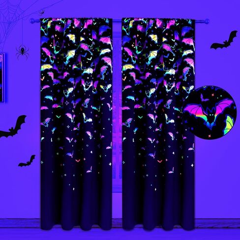 ستائر فراميكس الهالوين لغرفة المعيشة، ستائر نافذة الخفافيش بطول 84 بوصة لوحتين، ستائر معالجة النوافذ التفاعلية للأشعة فوق البنفسجية، ستائر جيب قضيب التعتيم لديكور حفلات الهالوين، 52 بوصة عرض × 84 بوصة طول، أسود in Kuwait