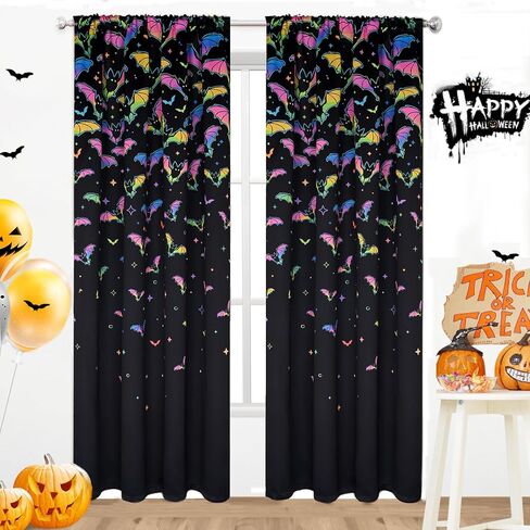 ستائر فراميكس الهالوين لغرفة المعيشة، ستائر نافذة الخفافيش بطول 84 بوصة لوحتين، ستائر معالجة النوافذ التفاعلية للأشعة فوق البنفسجية، ستائر جيب قضيب التعتيم لديكور حفلات الهالوين، 52 بوصة عرض × 84 بوصة طول، أسود in Kuwait