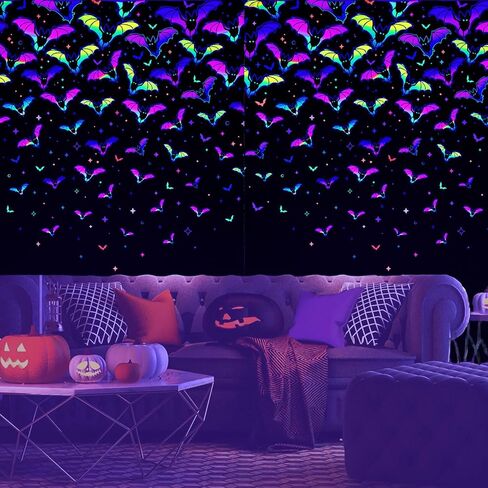 ستائر فراميكس الهالوين لغرفة المعيشة، ستائر نافذة الخفافيش بطول 84 بوصة لوحتين، ستائر معالجة النوافذ التفاعلية للأشعة فوق البنفسجية، ستائر جيب قضيب التعتيم لديكور حفلات الهالوين، 52 بوصة عرض × 84 بوصة طول، أسود in Kuwait