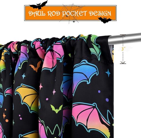 ستائر فراميكس الهالوين لغرفة المعيشة، ستائر نافذة الخفافيش بطول 84 بوصة لوحتين، ستائر معالجة النوافذ التفاعلية للأشعة فوق البنفسجية، ستائر جيب قضيب التعتيم لديكور حفلات الهالوين، 52 بوصة عرض × 84 بوصة طول، أسود in Kuwait