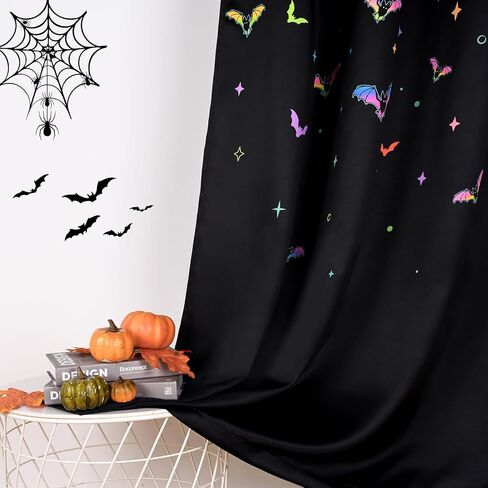 ستائر فراميكس الهالوين لغرفة المعيشة، ستائر نافذة الخفافيش بطول 84 بوصة لوحتين، ستائر معالجة النوافذ التفاعلية للأشعة فوق البنفسجية، ستائر جيب قضيب التعتيم لديكور حفلات الهالوين، 52 بوصة عرض × 84 بوصة طول، أسود in Kuwait