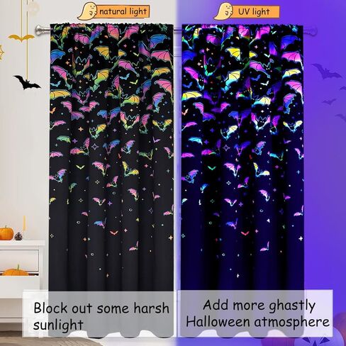 ستائر فراميكس الهالوين لغرفة المعيشة، ستائر نافذة الخفافيش بطول 84 بوصة لوحتين، ستائر معالجة النوافذ التفاعلية للأشعة فوق البنفسجية، ستائر جيب قضيب التعتيم لديكور حفلات الهالوين، 52 بوصة عرض × 84 بوصة طول، أسود in Kuwait