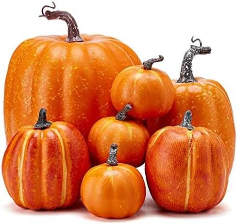 woshilaocai 7PCS Artificial Pumpkins Décor Fall Harvest Thanksgiving/Halloween Holiday Farmhouse Decorations for Home (Bright Orange) in Saudi Arabia