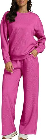 luvamia Lounge 2 Piece Sets for Women Texture Long Sleeve Pullover Pull On Wide Leg Pants Sweatsuit Loungewear Sweat Set in Saudi Arabia