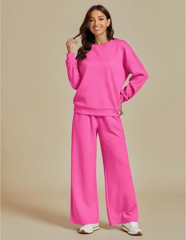 luvamia Lounge 2 Piece Sets for Women Texture Long Sleeve Pullover Pull On Wide Leg Pants Sweatsuit Loungewear Sweat Set in Saudi Arabia