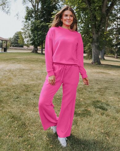 luvamia Lounge 2 Piece Sets for Women Texture Long Sleeve Pullover Pull On Wide Leg Pants Sweatsuit Loungewear Sweat Set in Saudi Arabia