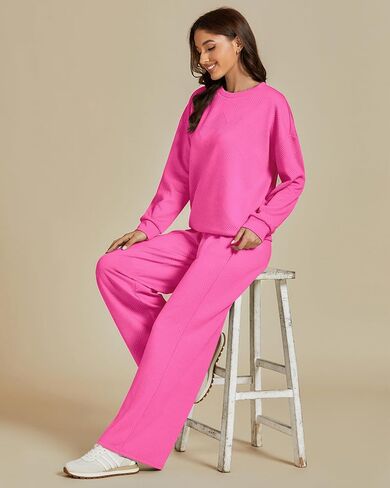 luvamia Lounge 2 Piece Sets for Women Texture Long Sleeve Pullover Pull On Wide Leg Pants Sweatsuit Loungewear Sweat Set in Saudi Arabia