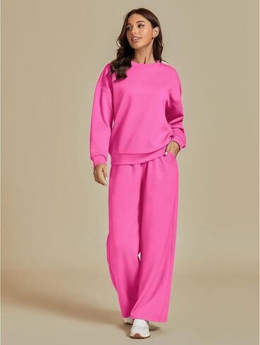 luvamia Lounge 2 Piece Sets for Women Texture Long Sleeve Pullover Pull On Wide Leg Pants Sweatsuit Loungewear Sweat Set in Saudi Arabia