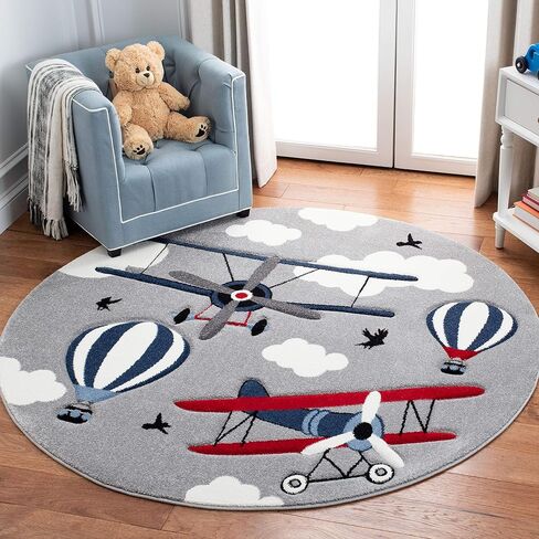 SAFAVIEH Carousel Kids Collection Area Rug - 5'3" Round, Light Grey & Red, Non-Shedding & Easy Care, Ideal for High Traffic Areas for Boys & Girls in Playroom, Nursery, Bedroom (CRK137F) in Saudi Arabia