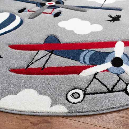 SAFAVIEH Carousel Kids Collection Area Rug - 5'3" Round, Light Grey & Red, Non-Shedding & Easy Care, Ideal for High Traffic Areas for Boys & Girls in Playroom, Nursery, Bedroom (CRK137F) in Saudi Arabia
