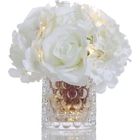 Rose Silk Flower Arrangement Artificial Vivid Rose in Glass Vase with LED Light Elegant Centerpiece for Home Wedding Bathroom Table Shelf Decoration (Navy Blue)