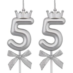 55 Birthday Candles, 55th Cake Candles, Silver Happy Birthday Number 55 Candles Cake Topper Decorations for Party Men Women