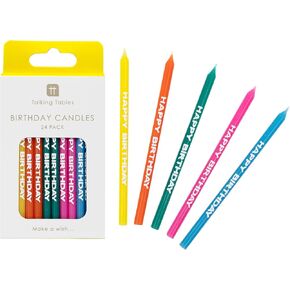 Talking Tables 24 x Happy Birthday Candles with Holders Topper Cake Decorations for Boys or Girls, Bright Rainbow Themed-Yellow, Pink, Green, Blue and Orange, Recyclable Packaging