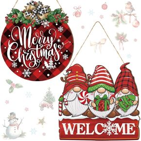 Thyle 2 Pcs Merry Christmas Welcome Door Sign Buffalo Plaid Wreath for Front Door Gnome Wooden Hanging Sign Christmas Door Hanger Xmas Door Decorations for Indoor Outdoor Home Porch Farmhouse