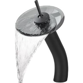 BWE Waterfall Bathroom Sink Faucet Glass Spout Solid Brass Polished Chrome One Handle Single Hole Basin Vanity Bathroom Faucet with Deck Plate