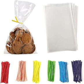 100 Pcs 6 in x 4 in Clear Flat Cello Cellophane Treat Bags Good for Bakery,Popcorn,Cookies,Candies,Dessert 1.4mil.Give Metallic Twist Ties!