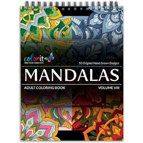 ColorIt Mandalas To Color, Volume VIII Adult Coloring Book 50 Floral and Geometric Mandala Patterns and Designs, Spiral Binding, USA Printed, Lay Flat Hardback Book Cover, Ink Blotter