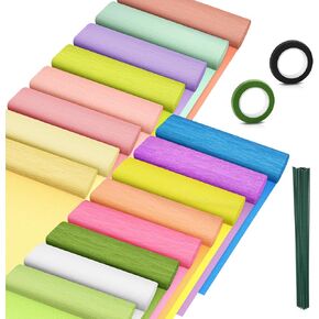 مجموعات Jyongmer Crepe Paper Flower DIY، 16 لفة من ورق الكريب بألوان قوس قزح الزاهية مع 30 سلكًا حديديًا من الزهور الخضراء و2 لفات من أشرطة الزهور الخضراء لأعياد الميلاد والزفاف والمهرجانات والحرف اليدوية للزهور in Kuwait