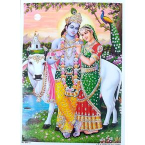 Crafts of India Radha Krishna Poster/Reprint Hindu God Picture with Glitter(Unframed : Size 5"X7" inches)