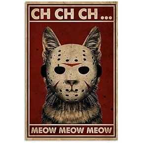 Noete Horror Jason Cat Meow Metal Poster Wall Decor For Him Country Home Decor Vintage Tin Sign 8x12 Inch Red 8 x 12 Inch