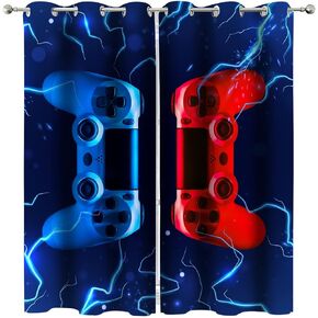 Modern Gamer Window Video Games Window Curtains 3D Red and Blue Gamepad Window Drapes for Bedroom Steel Grommet Top Microfiber Fabric Curtains, Window Curtains for Bedroom Living Room, 2 Panels
