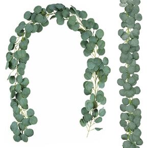 Artificial Eucalyptus Garland 2PCS Fake Vines Greenery Garland Silver Dollar Eucalyptus for Room Decor Wedding Tables Bedroom Wall Garden Decoration