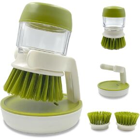 Soap Dispenser Dish Brush Palm Brush Scrub Brush Equipped with Storage Bracket and Drainage Base,Easy to Clean Kitchen Utensils and Sink, Includes a Replaceable Brush（Gray）
