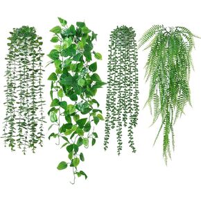 Dremisland 4 Pack Artificial Hanging Plants with Pots Artificial Ivy Vine Eucalyptus Fake Hanging Plants, Boston Fern, String of Pearls for Home Indoor Outdoor Shelf Wall Farmhouse Decor