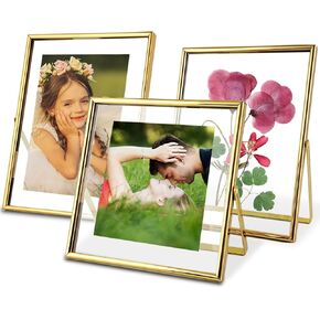 إطارات صور عائمة ذهبية - مجموعة من 3 قطع، لحجم الصورة 4×4، 4×6، 5×7، شاشة عرض عمودية على سطح الطاولة، إطار زجاجي معدني لحفلات الزفاف، ديكور المنزل أو المكتب (ذهبي)