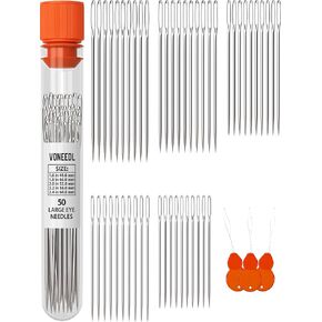 50 Large Eye Heavy Duty Needles - 5 Sizes Easy to Thread Sharp Point Needles Perfect for Hand Sewing, Knitting, Crewel Darning, Crafting, and DIY