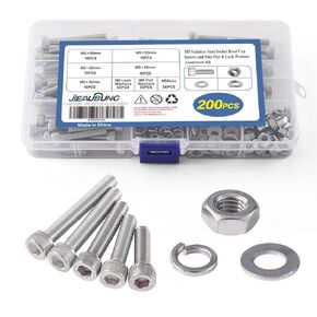200PCS M6 x 8/10/12/14/16/18/20/25mm Metric Hex Socket Head Cap Screws Bolts and Nuts Flat & Lock Washers Assortment Kit，304 Stainless Steel，Replacement Fastener Screws，Fully Threaded