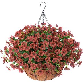 Artificial Flowers Hanging Basket for Outdoor Indoor Spring Summer Decoration,Fake Silk Colorful Daisy Eucalyptus in 12" Metal Coconut Lining Flowerpot Arrangement for Patio Yard Decor