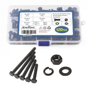 160PCS M6 x 30/35/40/45/50mm Hex Head Screws Bolts and Nuts Flat & Lock Washers Assortment Kit，Alloy Steel Grade 8.8，Black Oxide Finish，Replacement Fastener Screws，Fully Threaded