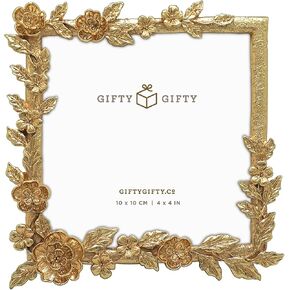 Square Floral Photo Frame / 4x4 In | For Vertical Display on Tabletops | Perfect for Home Decor, Wedding, Vacation, Graduation, Or Any Milestone Photos (Gold)