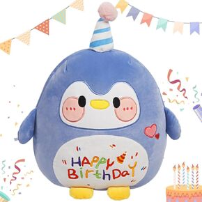 ARELUX 18in Cute Penguin Animal Birthday Plush Pillow Soft Stuffed Animal Plush Toy with Birthday Party Decoration Kawaii Plushies Room Decor for Kids Toddlers