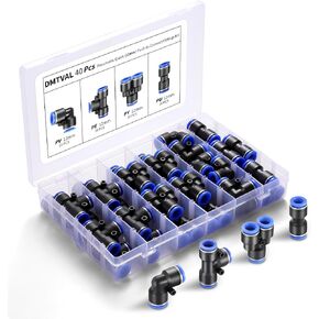 6mm OD Push to Connect Fittings Kit, Quick Connect Air Hose Fittings, Includes 10 Splitters, 10 Elbows, 10 Tees, 10 Straight Connectors