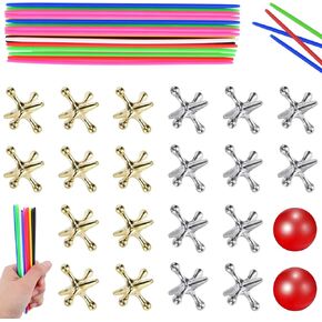 ZeeDix 90pcs Pick Up Sticks with 3 Sets Retro Metal Jacks Kit- Include 3 Pcs Red Rubber Balls and 30 Pcs Gold and Silver Metal Jacks, Classic Fun Game Gift of Jacks for Kids Adults Family