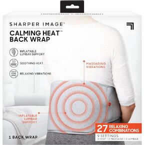 Calming Heat Back Wrap by Sharper Image- Cordless Electric Back Heating Pad, Inflatable Lumbar, Soothing Heat & Vibration- 27 Settings 3 Heat, 9 Vibration, 3 Lumbar Includes Portable Power Pack