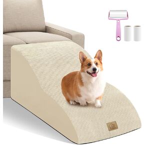 Mestuel Extended Dog Stairs Steps for Small Dogs, 2 Tiers Dog Stairs for Couch Sofa, Pet Stairs Ramp for Short leg Dogs with Gentle Slope &Nonslip Bottom, Washable Fabric Cover, Lint Roller Set, Brown