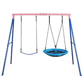 Kiriner Swing Set, 440lbs, Heavy-Duty A-Frame Metal Outdoor Swing Stand, 1 Saucer & 1 Wooden Swing seat for Playground, Backyard Pink