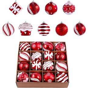 Valery Madelyn Christmas Tree Ornaments Set, 16ct Candy Cane Red and White Shatterproof Christmas Tree Decorations Bulk, 3.15 Inch Hanging Ball Ornaments for Xmas Trees Holiday Party Decor