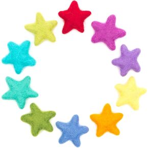 Glaciart One Rainbow Felted Stars - Needle Felting & Essential Oils Ready - Handmade in Nepal, 100% Natural New Zealand Wool, for Art Projects, Garlands & Valentine’s Decor - 1.5", Set of 10