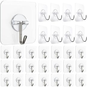 30 Packs -44lb Weight-Adhesive Hooks Kitchen Wall Hooks- 30 Packs Heavy Duty 44.1lb(Max) Nail Free Sticky Hangers with Stainless Hooks，Hooks Reusable Utility Towel Bath Ceiling Hooks
