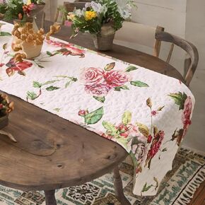 DaDalogy Bedding Romantic Roses Quilted Dining Table Runner - Lovely Floral Red Pink Flower Blossoms Garden Dainty Cottage Picnic - Elegant Decorative Coffee Bar Kitchen Tea Mat - 13" x 90"